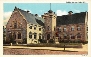 JOLIET, Illinois IL   PUBLIC LIBRARY & LOUIS JOLIET STATUE   ca1940's Postcard
