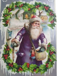 Victorian Purple Blue Coat Santa Claus Christmas Postcard Antique Embossed  