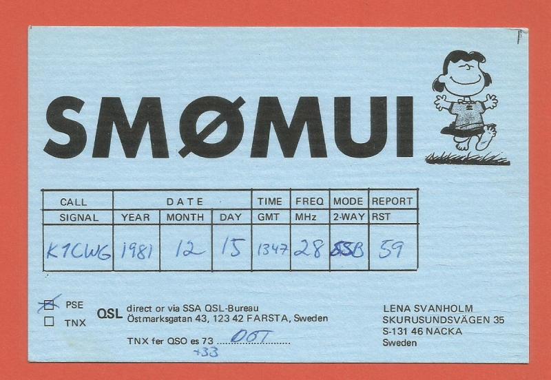 QSL AMATEUR RADIO CARD – NACKA, SWEDEN – 1981 – LUCY