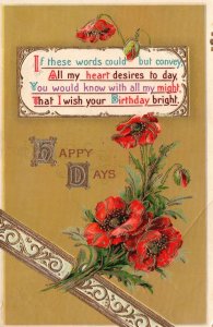 Vintage Postcard I Wish Your Birthday Bright Happy Days Greetings Red Flowers