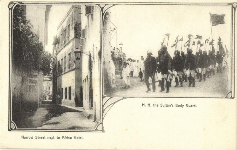 tanzania, ZANZIBAR, Narrow Street next to Africa Hotel, Sultan's Body Guard 1899 