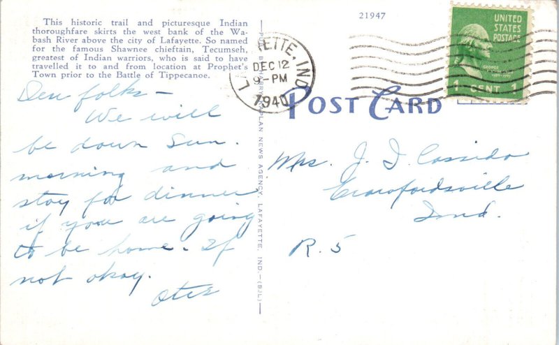 1920s Tecumseh's Trail Wabash River Lafayette IN Postcard 