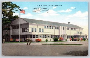 Biloxi Mississippi~USO Club Recreation Bldg~People~USA Flag~Linen 1948 Postcard