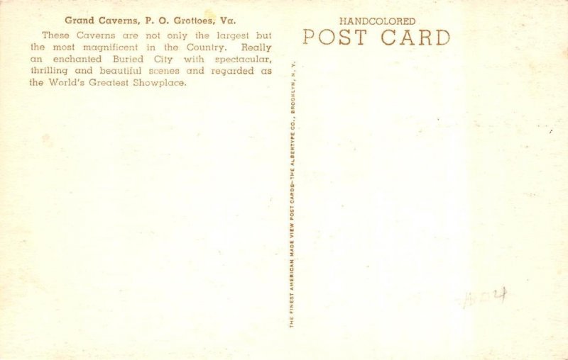 2Handcolored Postcards Grottoes, VA Virginia GRAND CAVERNS Cave