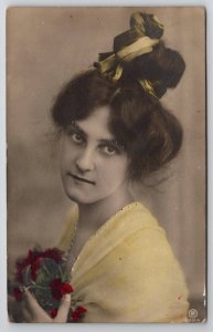 RPPC Pretty Woman In Yellow with Red Flowers Hand Colored 1908 Postcard G22