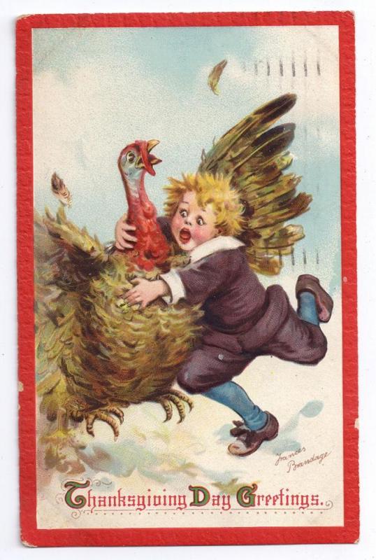 Signed Brundage Thanksgiving Pilgrim Boy Turkey Vintage Embossed Postcard
