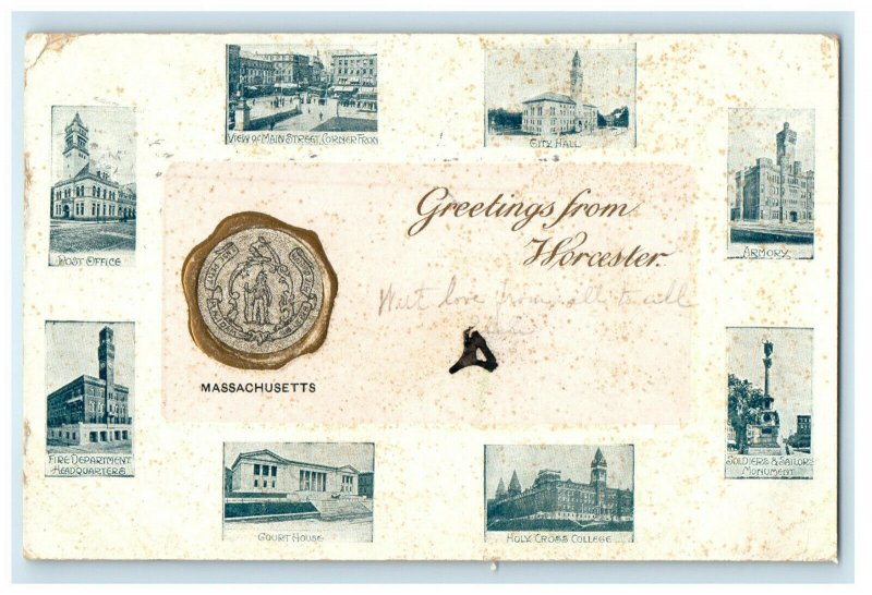 1908 Multiview, Greetings from Worcester Massachusetts MA Seal of MA Postcard 