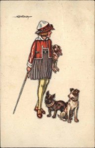 A Bertiglia Art Deco Medieval Boy with Dogs c1910 Vintage Postcard