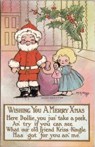 Cutest Santa Claus with Girl Toys Artist Margaret Hays Christmas Postcard X19
