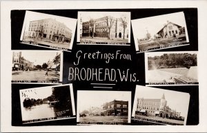 Brodhead WI Greetings Railway Depot Station Shorb Hotel 1915 RPPC Postcard H59