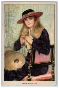 c1910's Pretty Woman Handwarmer Worth Waiting For Posted Antique Postcard 