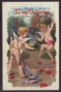 To My Valentine Cupids Playing Tennis Postcard 4297