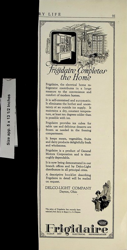 1921 Frigidaire Completes the Home Refrigerator Vintage Print Ad 5653