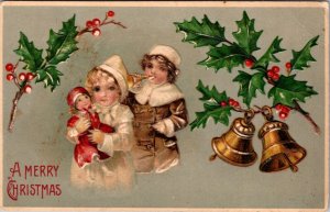 Christmas Postcard Boy with Trumpet and Girl with Doll, Gold Bells, Holly