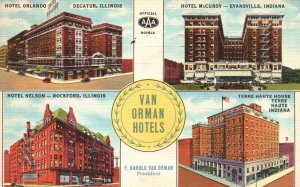 1943 The Van Orman Hotels Your Travel Comforts & Services IL Posted Postcard