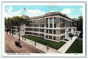 1928 High School Campus Building Classic Car Flag Portland ME Posted Postcard