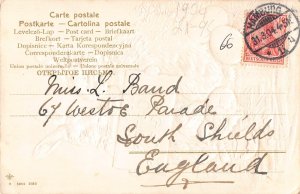 A853 Easter Greetings 1904 Humanized Rabbits Sign Chick Egg embossed postcard