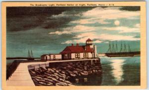 PORTLAND, Maine  ME    BREAKWATER LIGHT at Night  c1940s Linen  Postcard