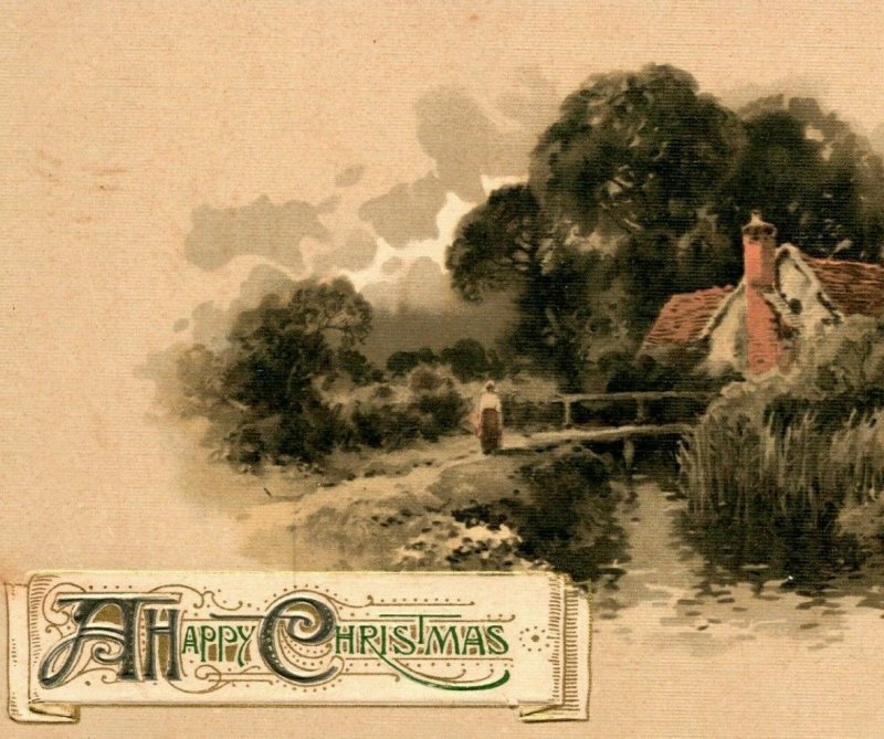 Vtg Unused Christmas Postcard A Happy Christmas Cabin Bridge Creek Winsch Back