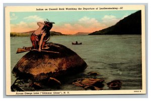 Vintage 1940's Postcard Indian on Council Rock Otsego Lake New York