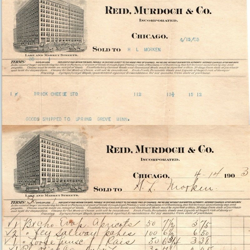 x2 1903 Chicago, Ill Letterhead Lot Reid, Murdoch & Co Receipt Invoice Cheese R1