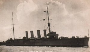 RPPC Photo British Royal Navy WWI HMS Birmingham Sank (2) German Ships c.1914