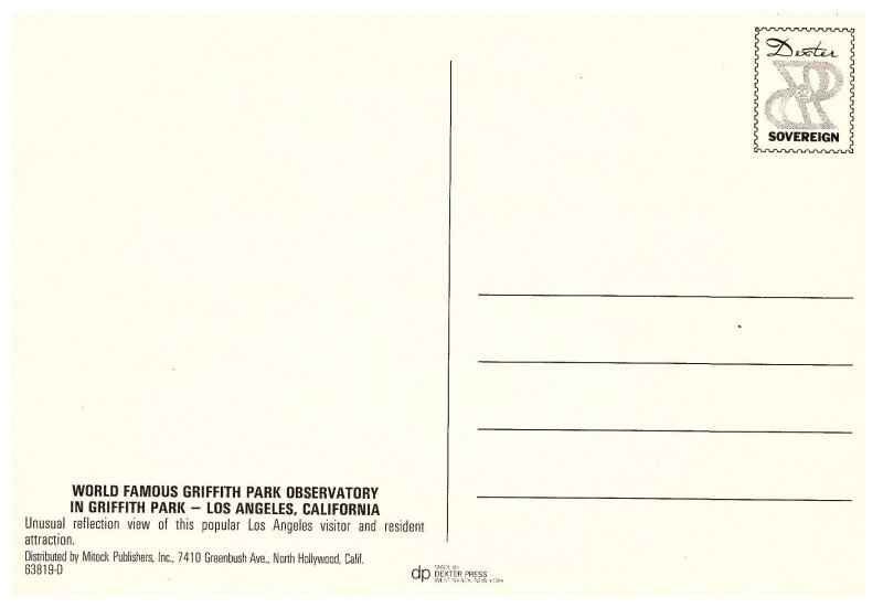 Griffith Park Observatory Reflection Old Car Los Angeles CA Continental Postcard