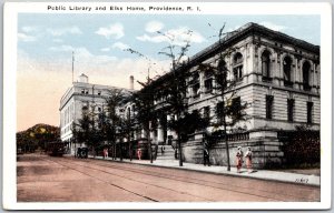 Providence Rhode Island RI, Public Library & Elks Home, Street, Vintage Postcard