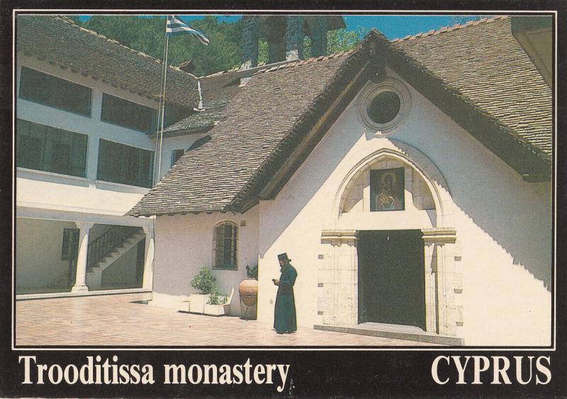 Cyprus Trooditissa monastery priest monk in front postcard