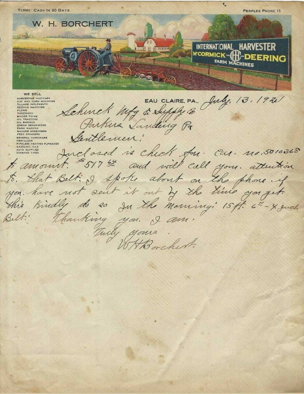 MB-152 PA Eau Claire International Harvester McCormick Borchert 1921 Letterhead