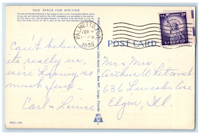 1959 High Level Span Sunshine Skyway Tampa Bay Helicopter Florida FL Postcard