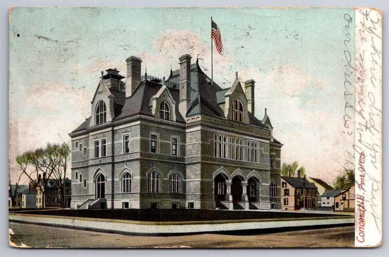 Post Office Flag Gray Stone Building St Corner Concord NH C1910 DB Postcard H16