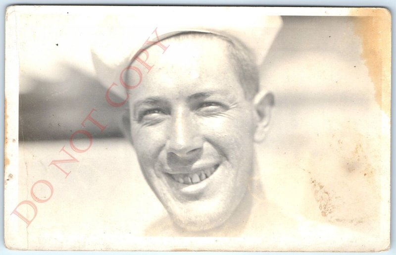 1910s Happy US Navy Sailor RPPC Beautiful Man WWI Real Photo Smile Military A127