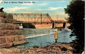 Fishing Scene at Montery Bridge, Janesville WI c1910 Vintage Postcard M51