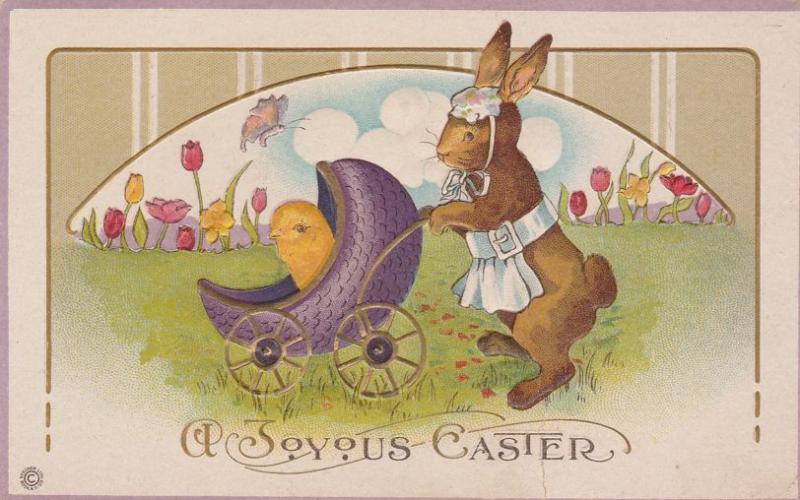 Joyous Easter Greetings Mother Rabbit with Carriage and Chick DB Stetcher Litho