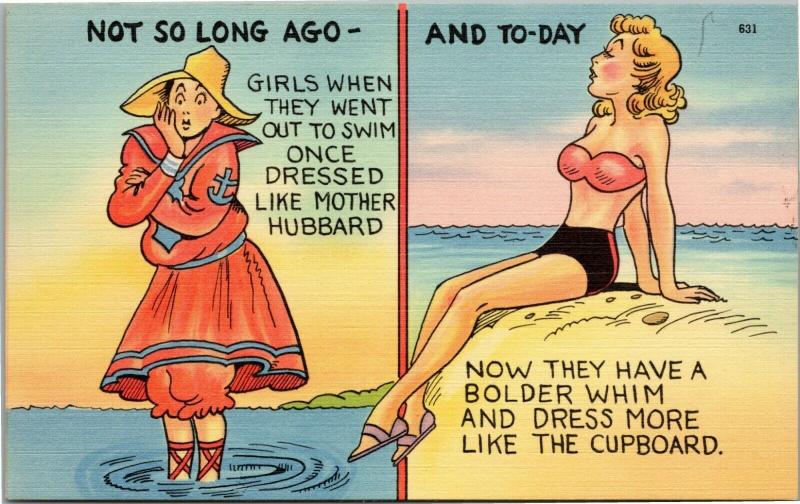 Comic postcard Women Swimsuit fashion - from Mother Hubbard to the Cupboard