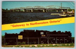 International Bridge, Steam Locomotive #4008, Rainy River Ontario, 1977 Postcard