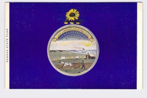 PPC POSTCARD KANSAS STATE FLAG WITH SUNFLOWER AND FARMER PLOWING