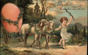 PFB No. 5837 Easter Fantasy Little Girl Leads Sheep Cart c1910 Postcard