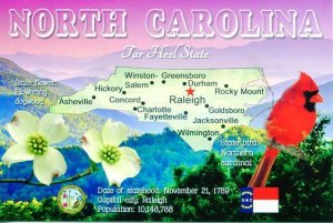NORTH CAROLINA Map Postcard - The Tar Heel State -  State Symbols