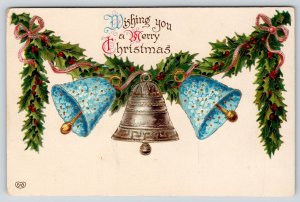 EAS Christmas~Bell Trio Hangs From Holly Berry Garland~Forget-Me-Nots~Pewter~GEL