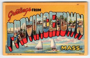 Greetings From Provincetown Massachusetts Large Letter Linen Postcard Sail Boats