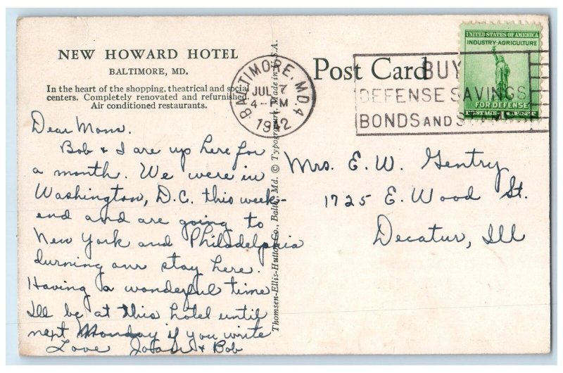 1942 New Howard Hotel Restaurant Building US Flag Baltimore Maryland MD Postcard