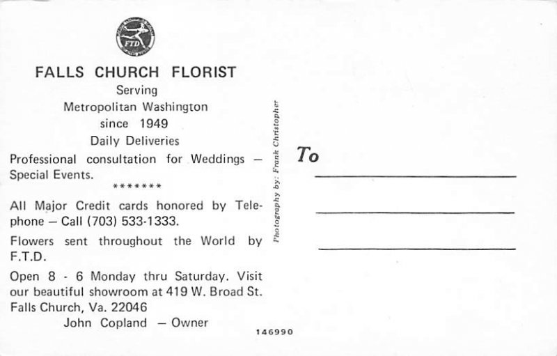 Advertising Post Card Falls Church Florist Falls Church, VA, uSA Unused