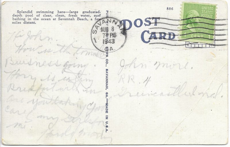 US. Used. Savannah, Georgia. Wilmington Island.   Mailed 1943.