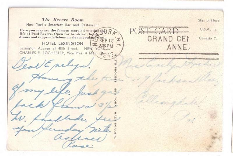 Revere Room Lexington Hotel New York NY 1942 Postcard