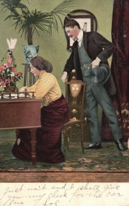 Vintage Postcard 1906 Man Behind A Woman Sitting on Chair While Writing Artwork