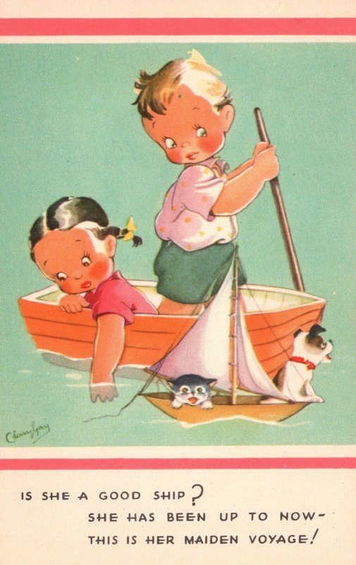 Vintage Postcard Cute Little Lovers Having Good Time Is She A Good Ship? Comic