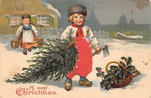 CHRISTMAS HOLIDAY CHILDREN TREE AXE SILK NOVELTY EMBOSSED POSTCARD 1911