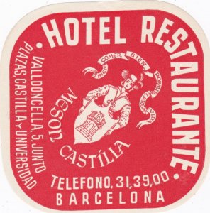 Spain Barcelona Hotel Restauranta Meson Castilla Vintage Luggage Label sk3362